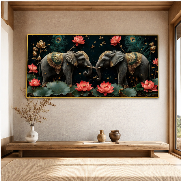 Elegant Black Elephant Pair Lotus 3D Wall Art Painting for Modern Home Living Room