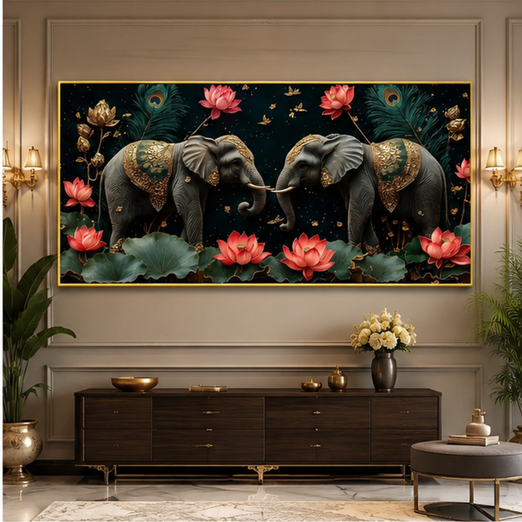 Elegant Black Elephant Pair Lotus 3D Wall Art Painting for Modern Home Living Room