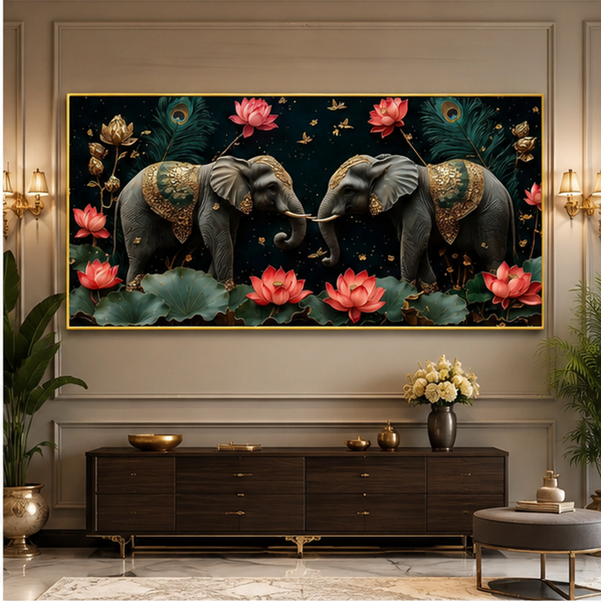 Elegant Black Elephant Pair Lotus 3D Wall Art Painting for Modern Home Living Room