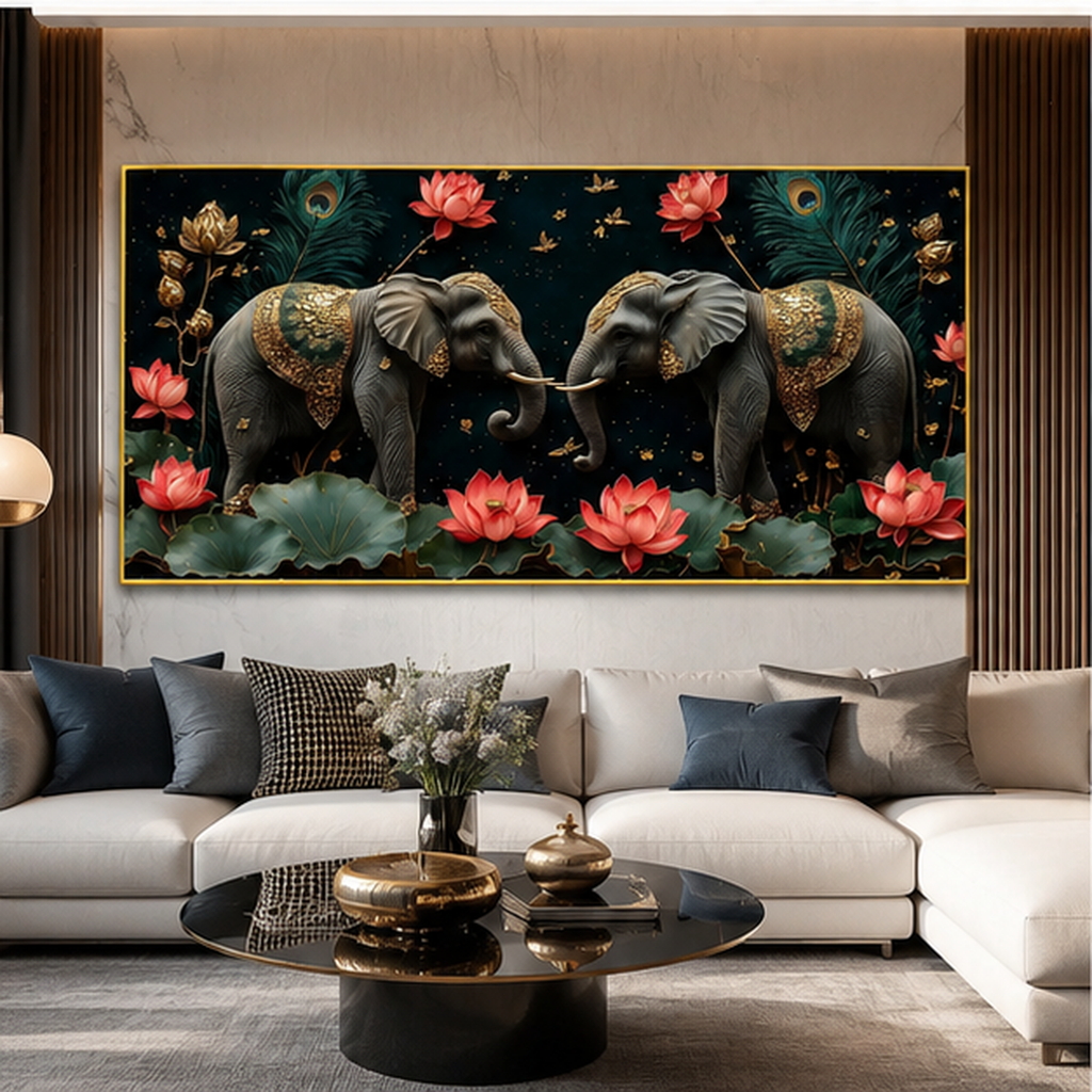 Elegant Black Elephant Pair Lotus 3D Wall Art Painting for Modern Home Living Room