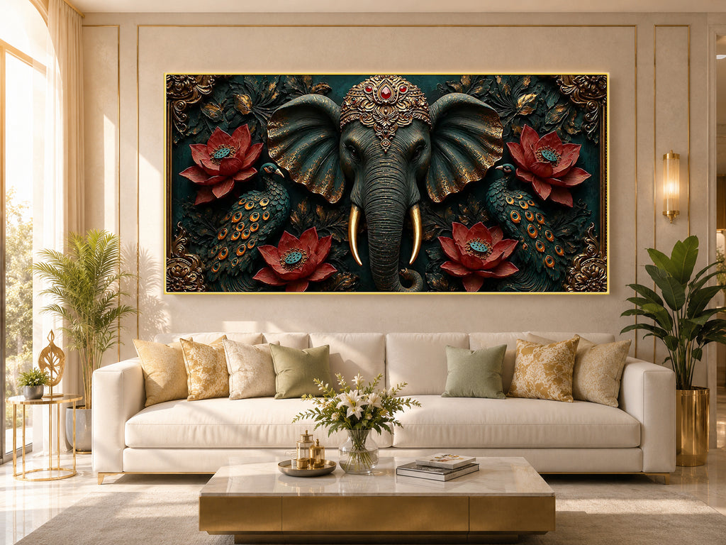 Majestic Elephant 3D Painting with Peacocks Lotus Flowers and Gold Accents