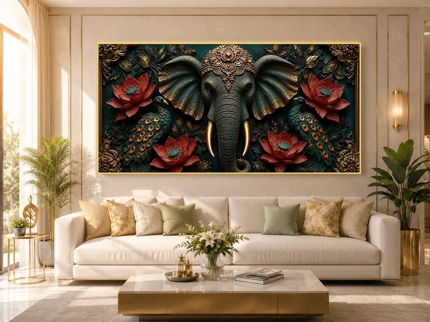 Majestic Elephant 3D Painting with Peacocks Lotus Flowers and Gold Accents