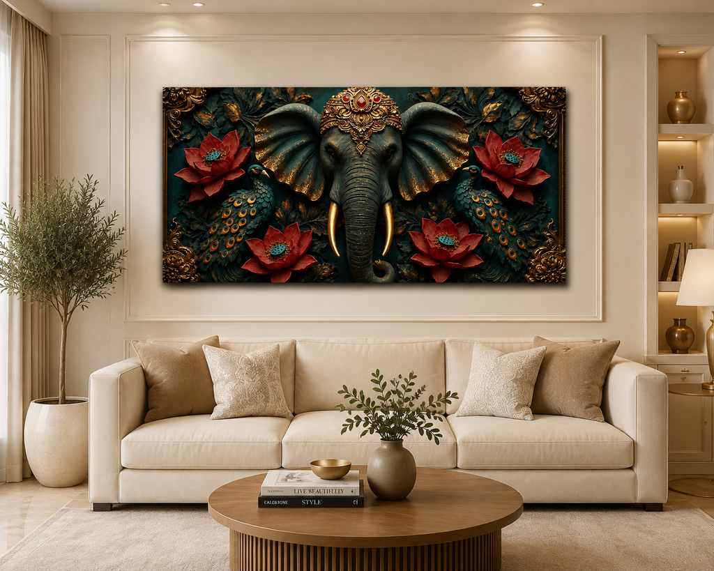 Majestic Elephant 3D Painting with Peacocks Lotus Flowers and Gold Accents