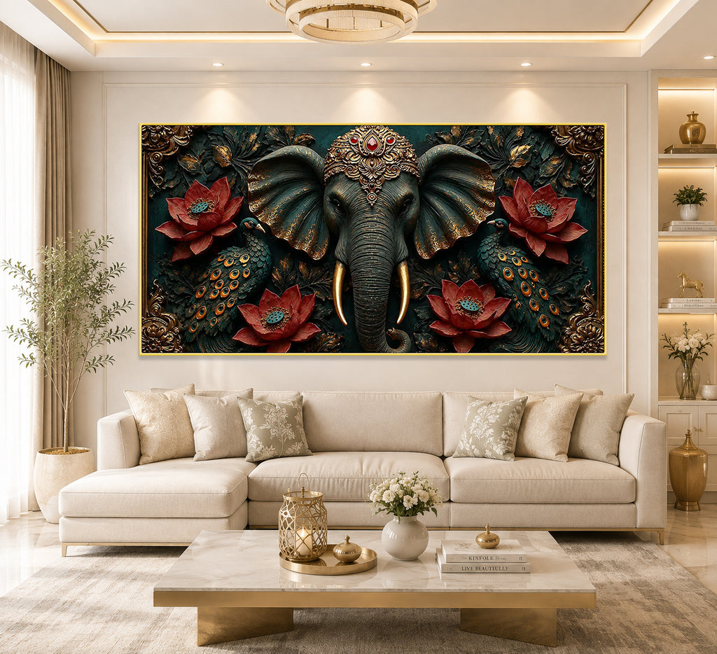 Majestic Elephant 3D Painting with Peacocks Lotus Flowers and Gold Accents