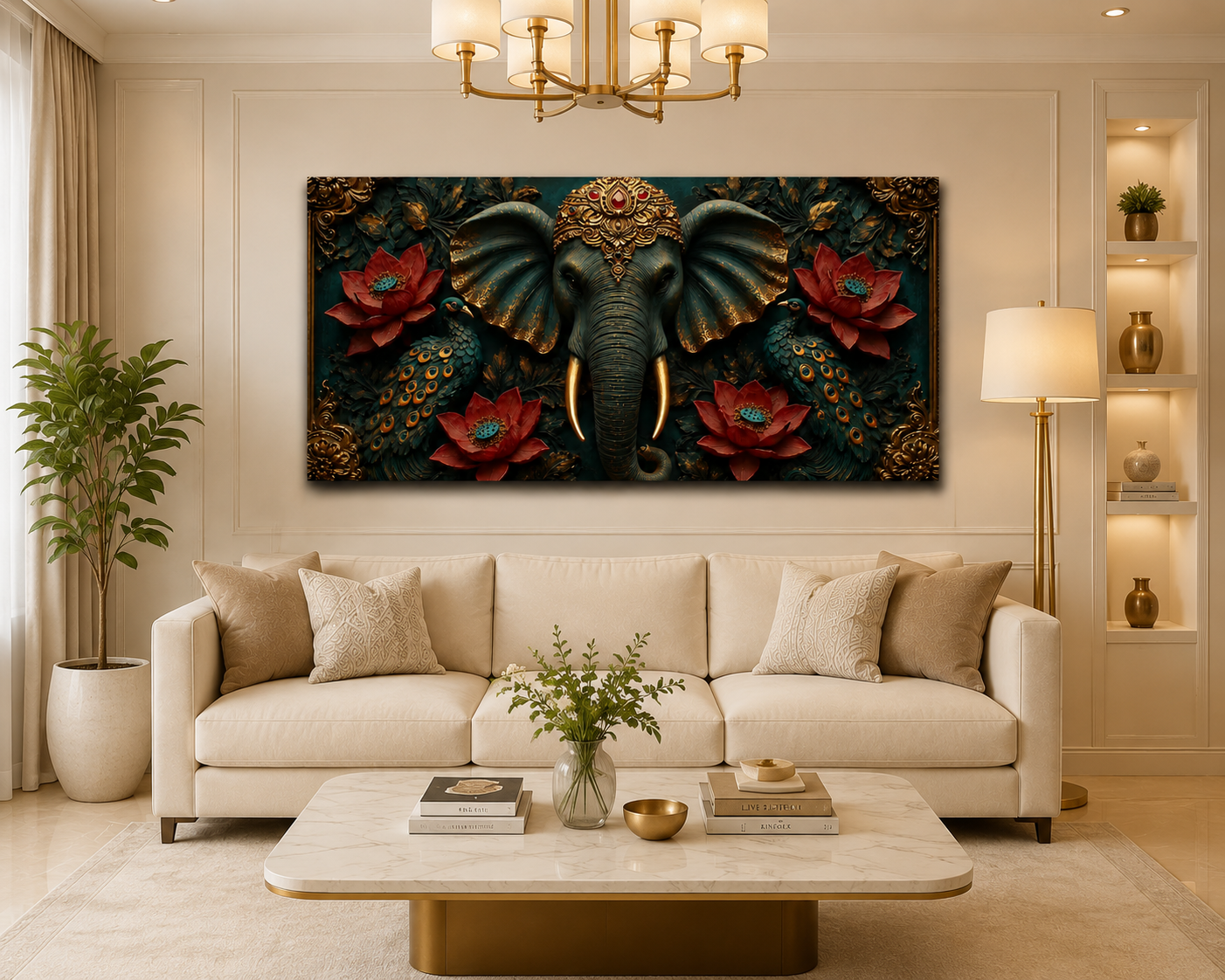 Majestic Elephant 3D Painting with Peacocks Lotus Flowers and Gold Accents