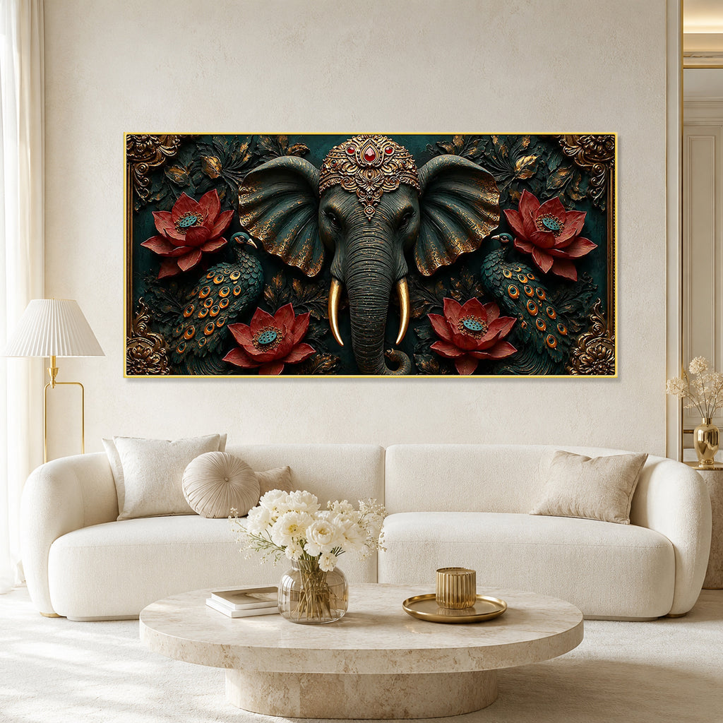 Majestic Elephant 3D Painting with Peacocks Lotus Flowers and Gold Accents
