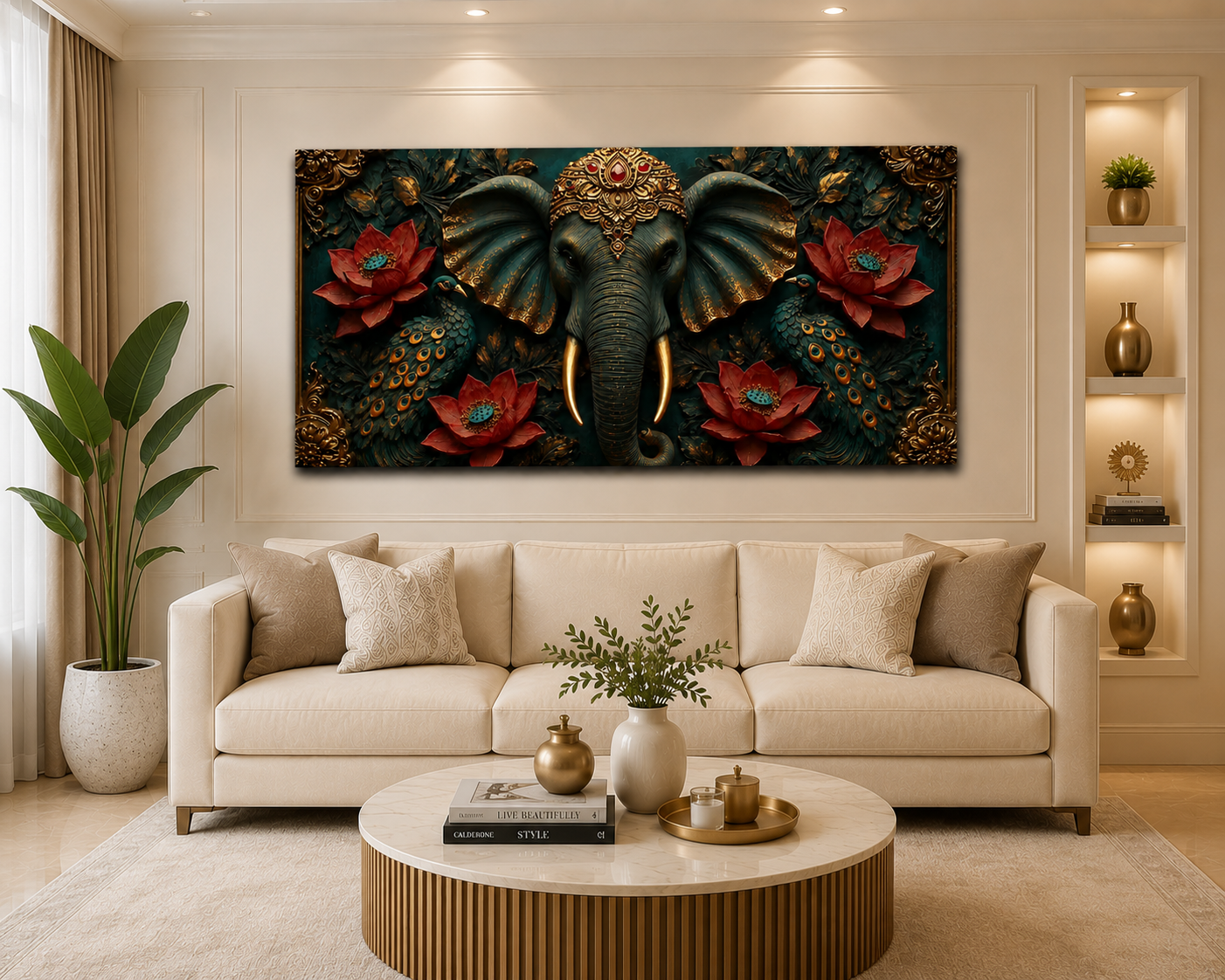 Majestic Elephant 3D Painting with Peacocks Lotus Flowers and Gold Accents