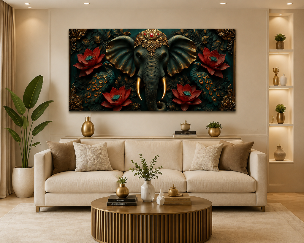 Majestic Elephant 3D Painting with Peacocks Lotus Flowers and Gold Accents