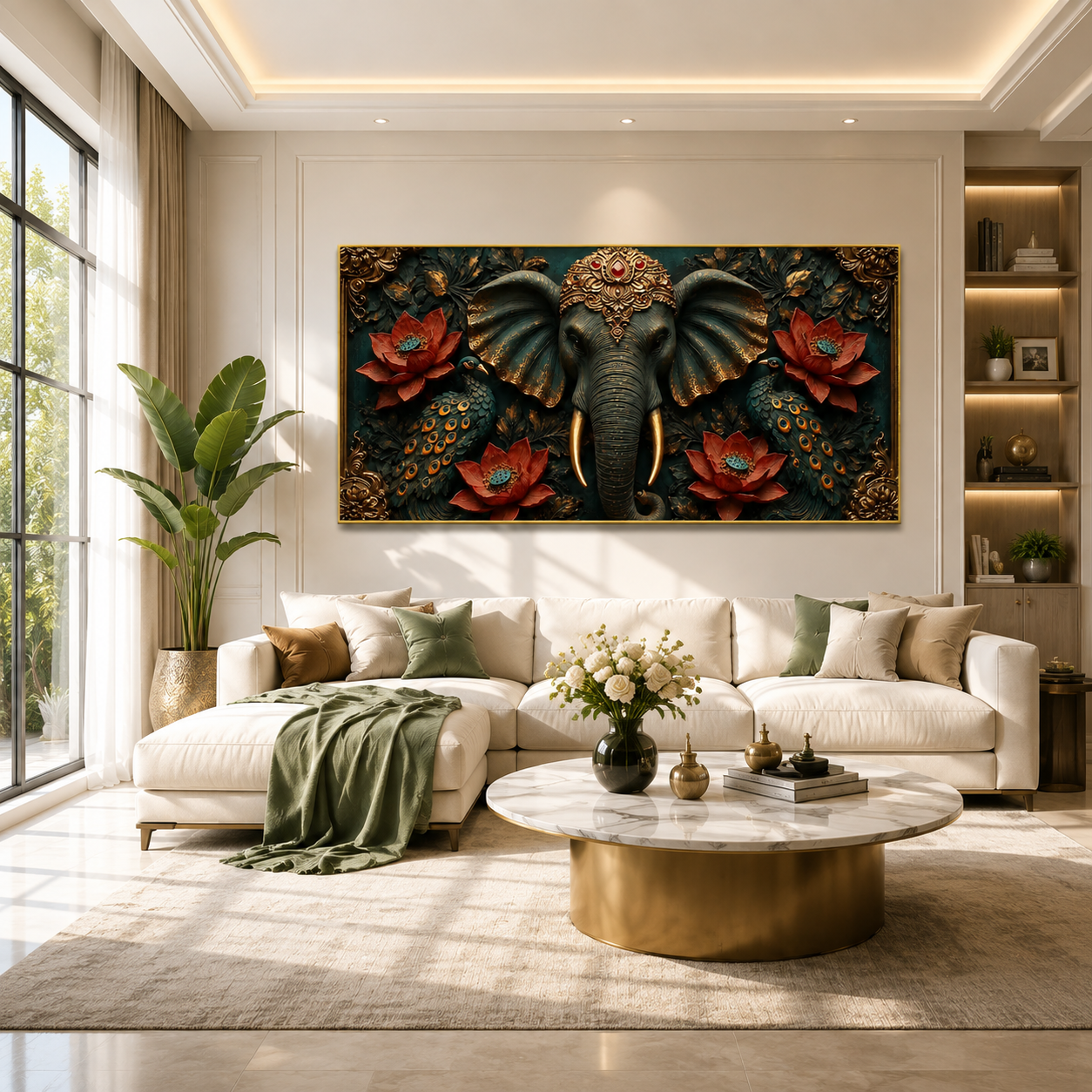 Majestic Elephant 3D Painting with Peacocks Lotus Flowers and Gold Accents