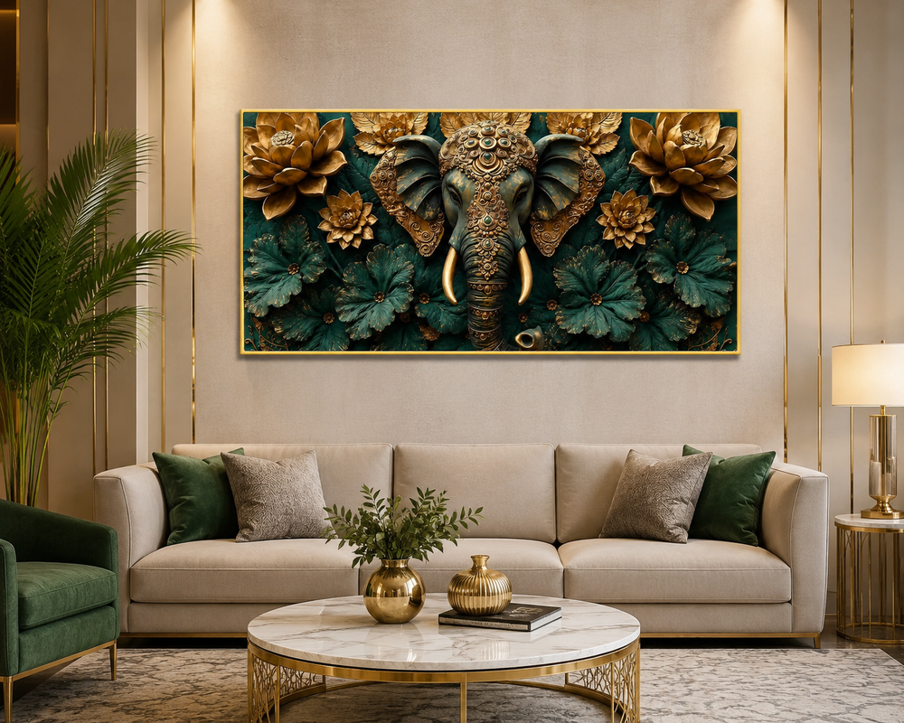 Premium 3D Ganesha Painting with Detailed Golden Ornaments and Decorative Flowers for Modern Living Room