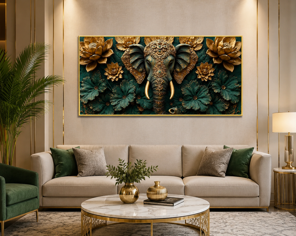 Premium 3D Ganesha Painting with Detailed Golden Ornaments and Decorative Flowers for Modern Living Room
