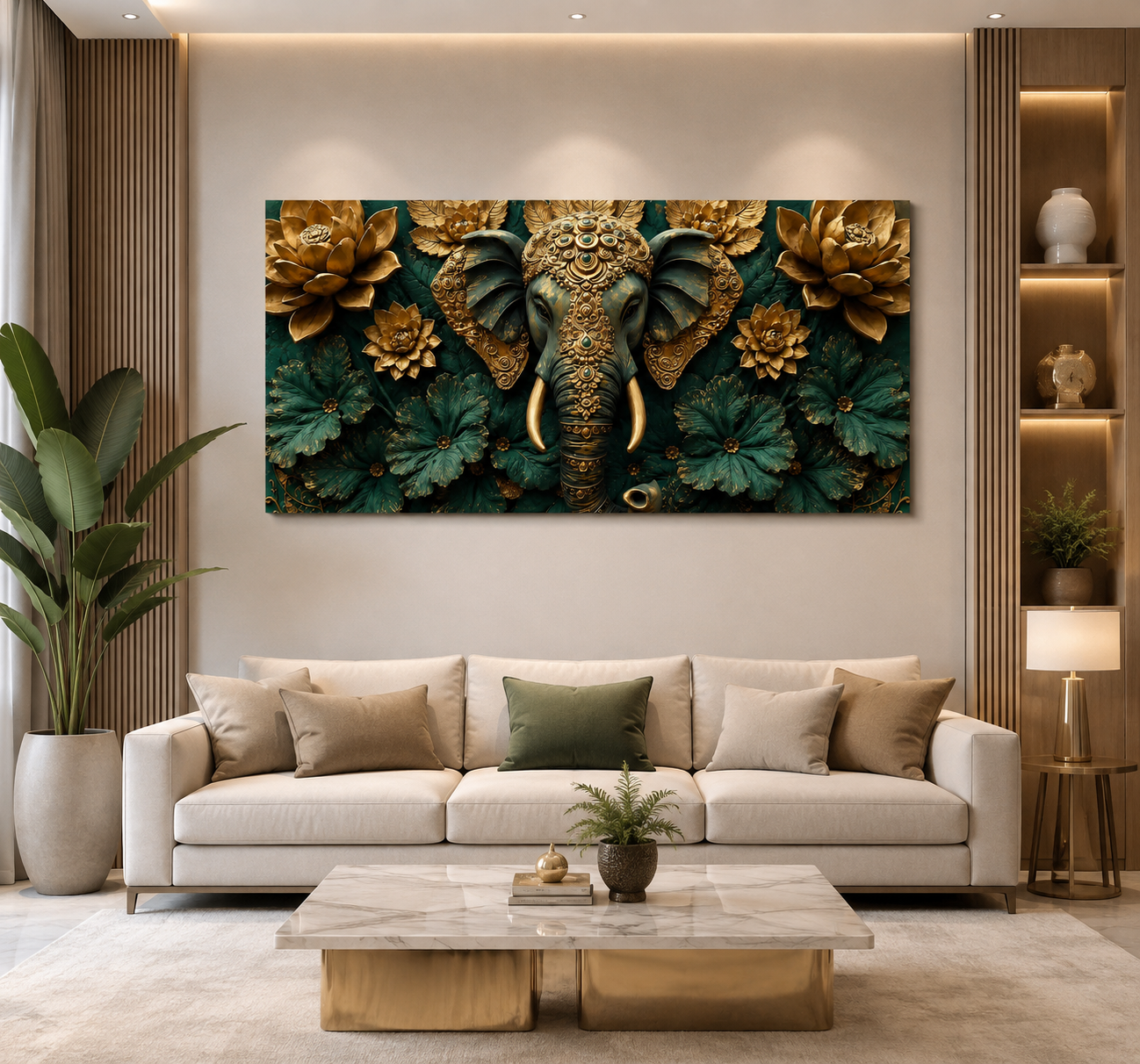 Premium 3D Ganesha Painting with Detailed Golden Ornaments and Decorative Flowers for Modern Living Room