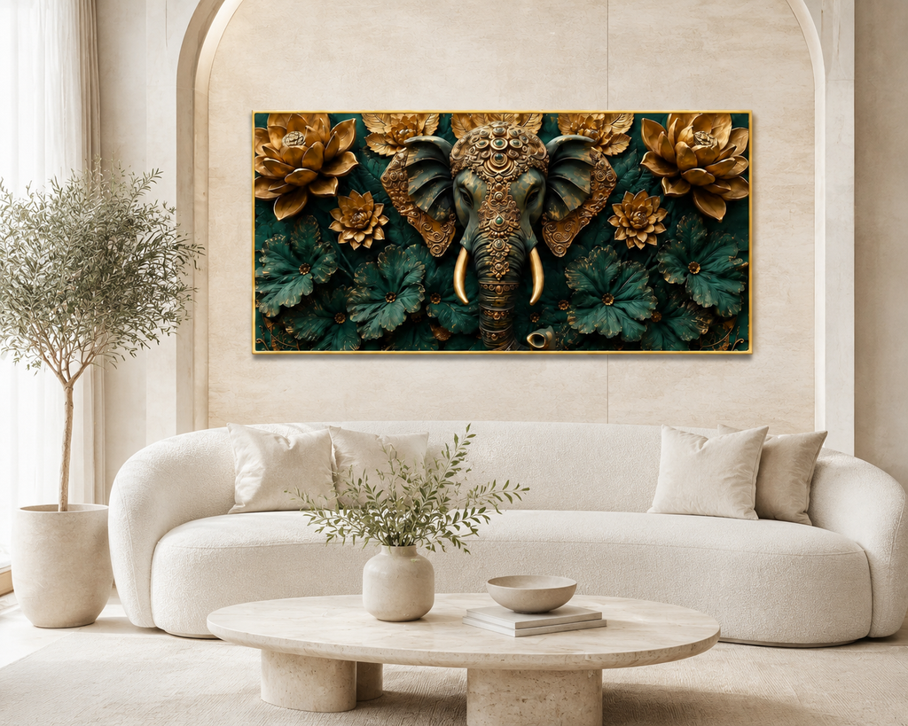 Premium 3D Ganesha Painting with Detailed Golden Ornaments and Decorative Flowers for Modern Living Room