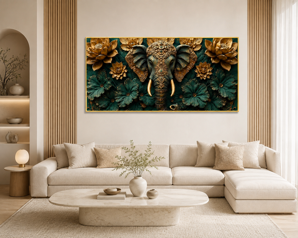 Premium 3D Ganesha Painting with Detailed Golden Ornaments and Decorative Flowers for Modern Living Room