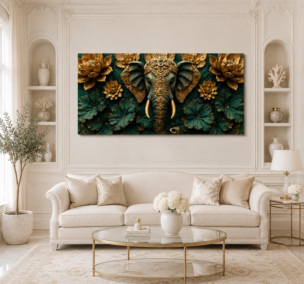 Premium 3D Ganesha Painting with Detailed Golden Ornaments and Decorative Flowers for Modern Living Room