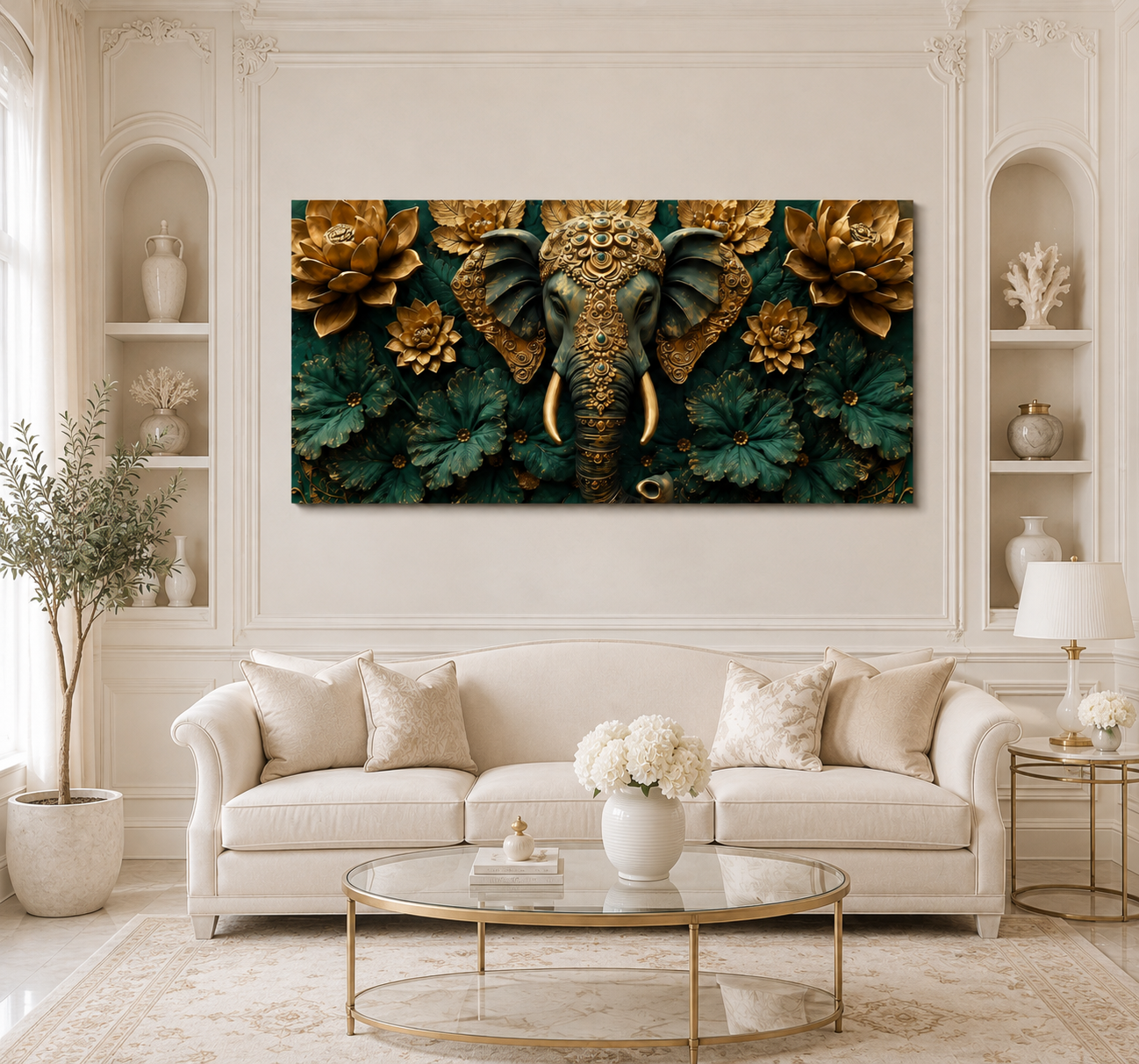 Premium 3D Ganesha Painting with Detailed Golden Ornaments and Decorative Flowers for Modern Living Room
