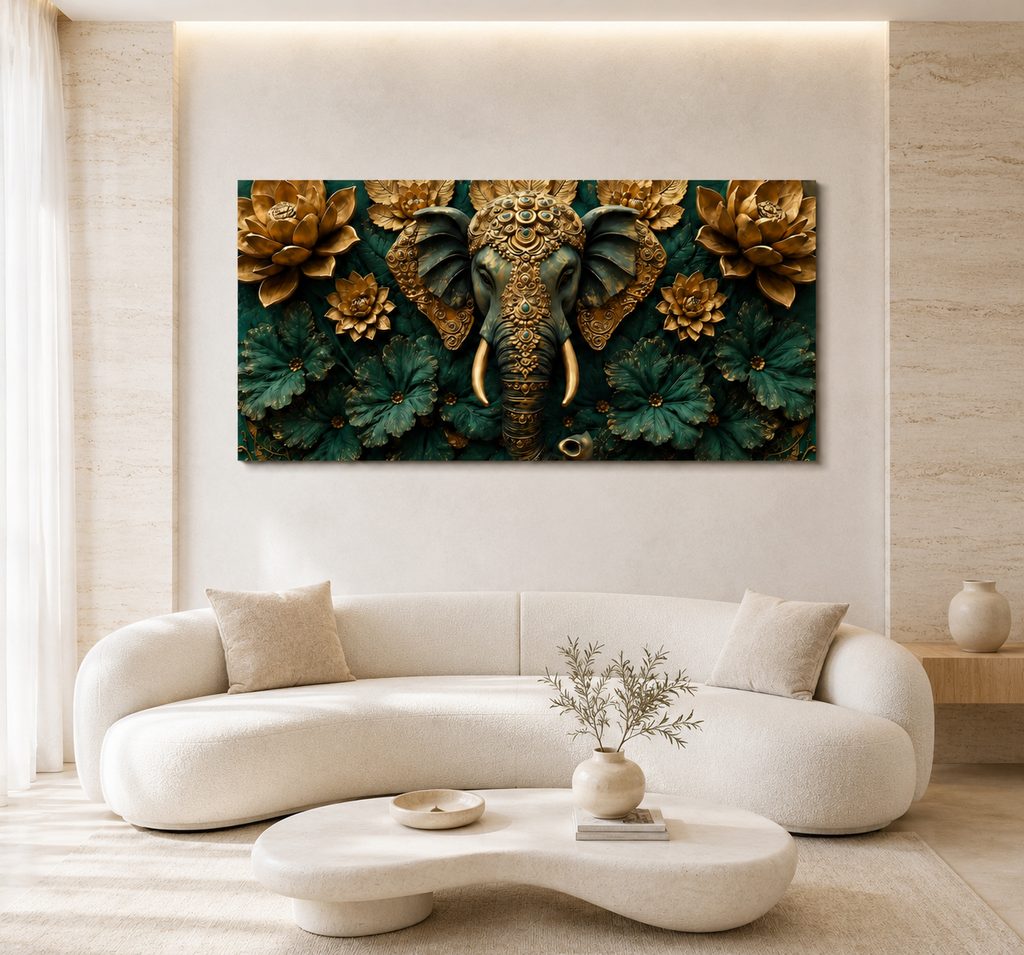 Premium 3D Ganesha Painting with Detailed Golden Ornaments and Decorative Flowers for Modern Living Room