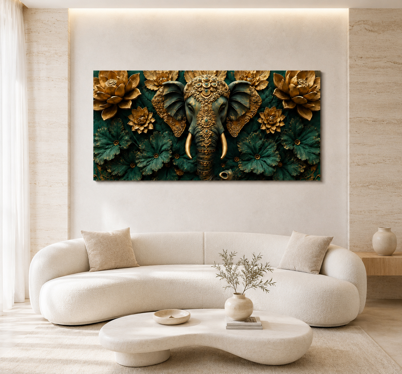 Premium 3D Ganesha Painting with Detailed Golden Ornaments and Decorative Flowers for Modern Living Room