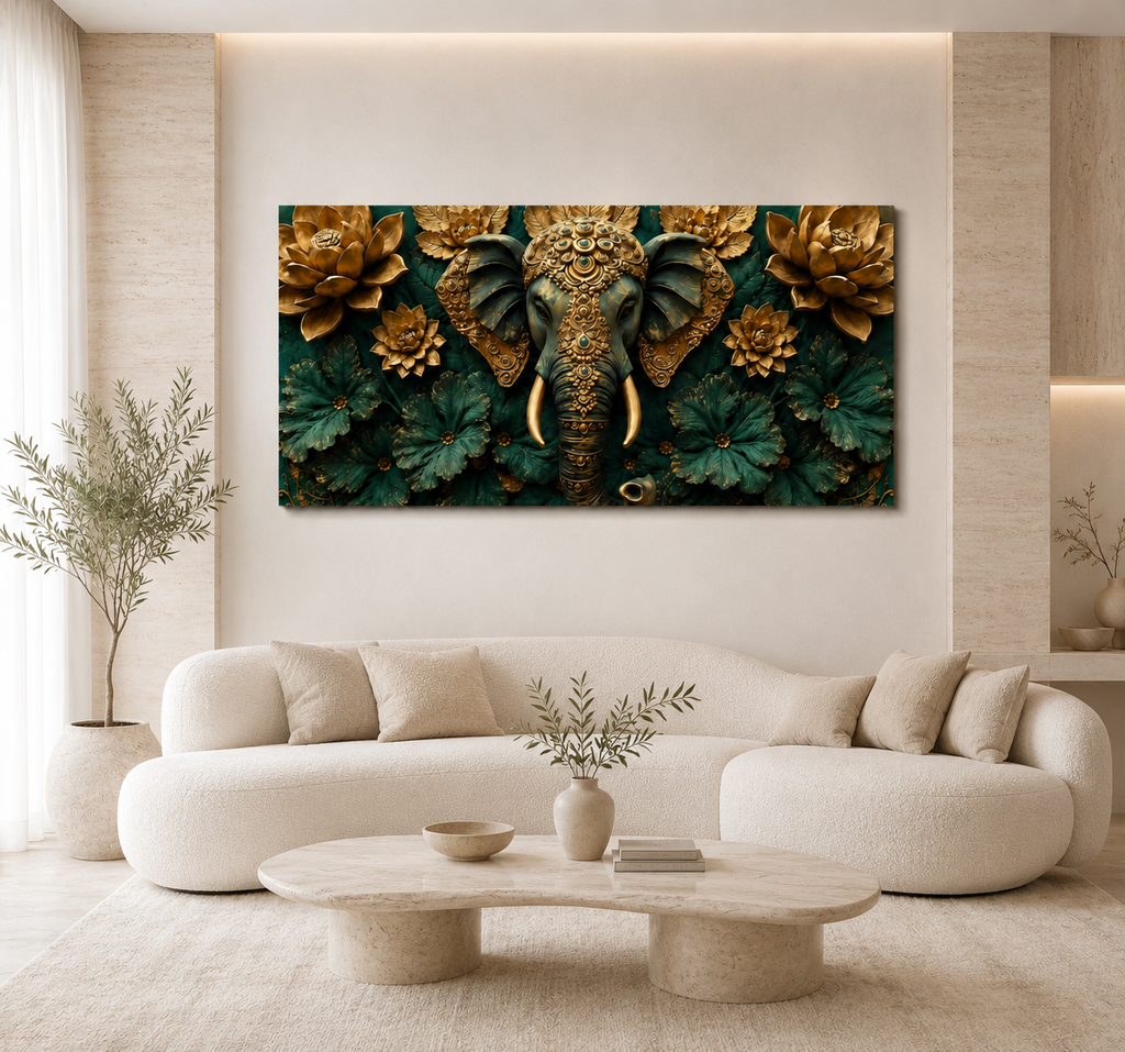 Premium 3D Ganesha Painting with Detailed Golden Ornaments and Decorative Flowers for Modern Living Room