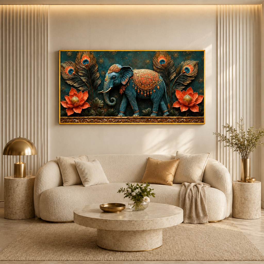 Artistic 3D Royal Elephant Embossed Canvas Frame Wall Decor Art
