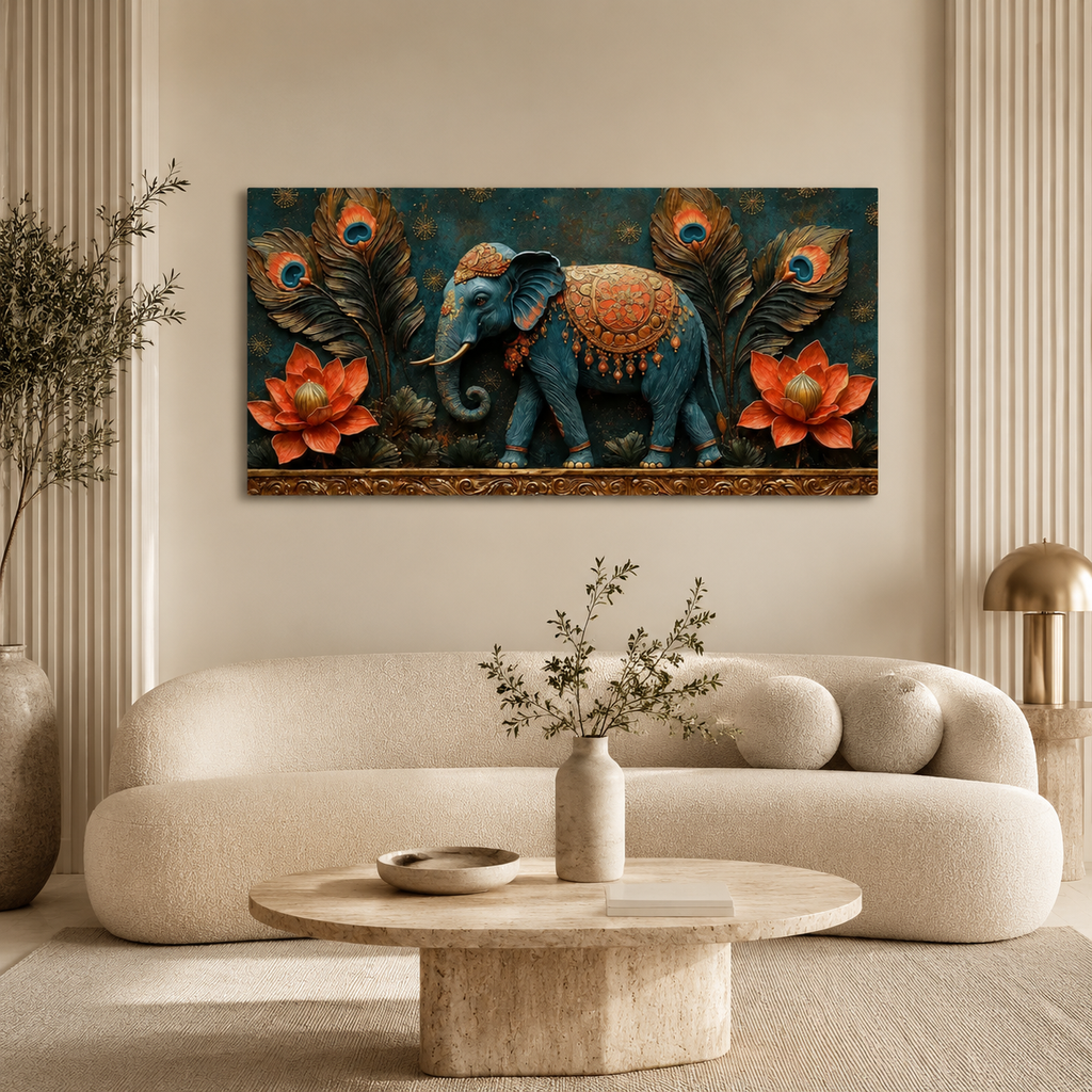 Artistic 3D Royal Elephant Embossed Canvas Frame Wall Decor Art