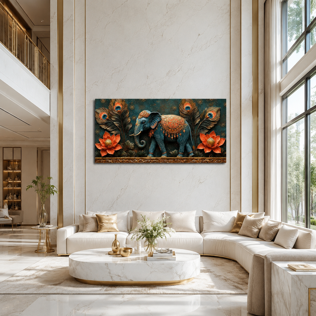 Artistic 3D Royal Elephant Embossed Canvas Frame Wall Decor Art