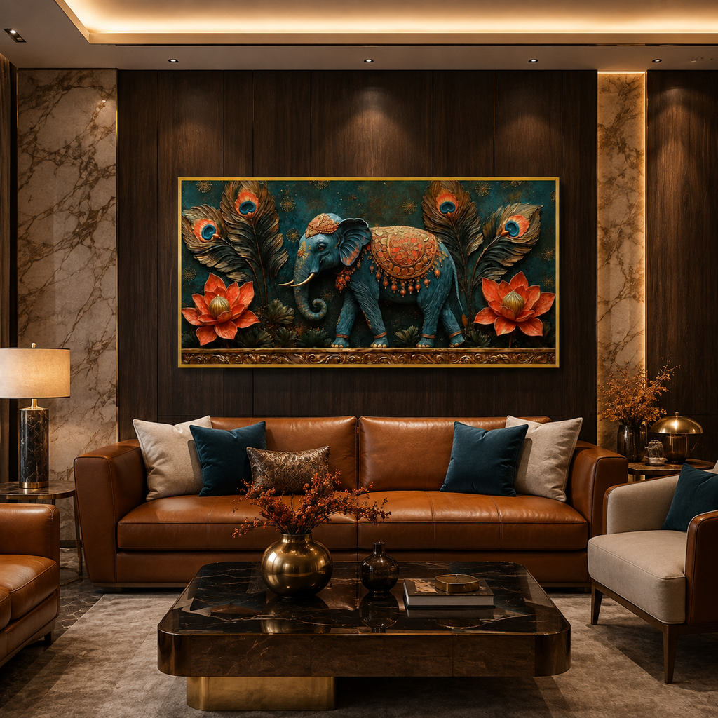 Artistic 3D Royal Elephant Embossed Canvas Frame Wall Decor Art