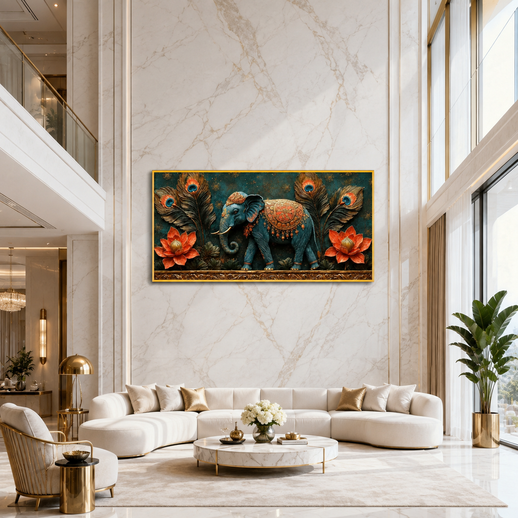 Artistic 3D Royal Elephant Embossed Canvas Frame Wall Decor Art
