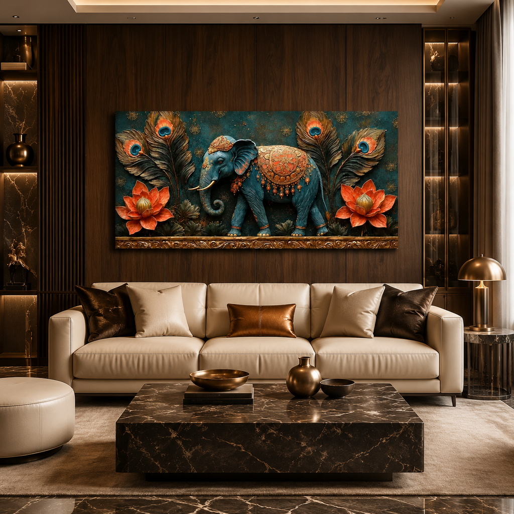 Artistic 3D Royal Elephant Embossed Canvas Frame Wall Decor Art