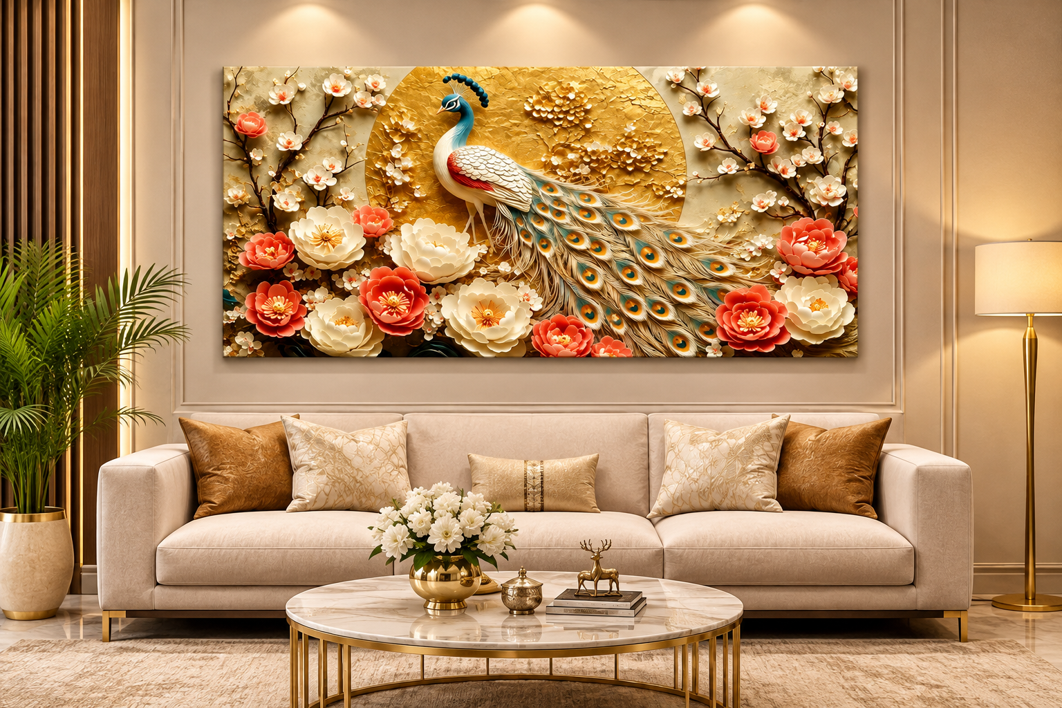 Royal Peacock 3D Wall Painting with Vibrant Plumage Coral Flowers and Golden Embellishments for Luxury Home Interior