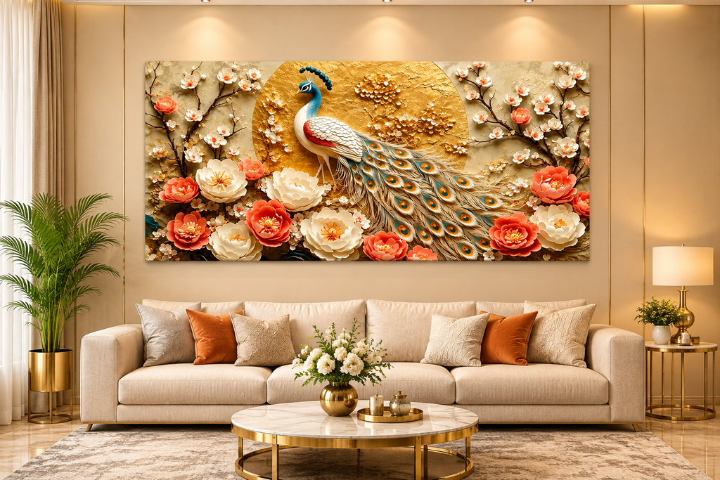 Royal Peacock 3D Wall Painting with Vibrant Plumage Coral Flowers and Golden Embellishments for Luxury Home Interior