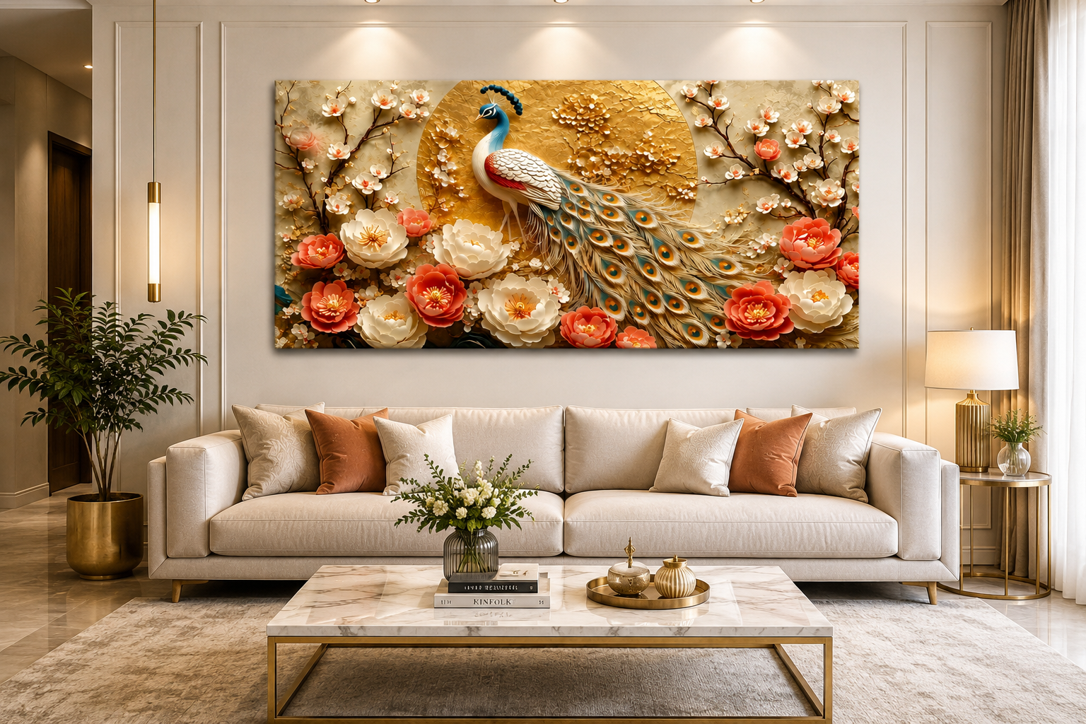 Royal Peacock 3D Wall Painting with Vibrant Plumage Coral Flowers and Golden Embellishments for Luxury Home Interior