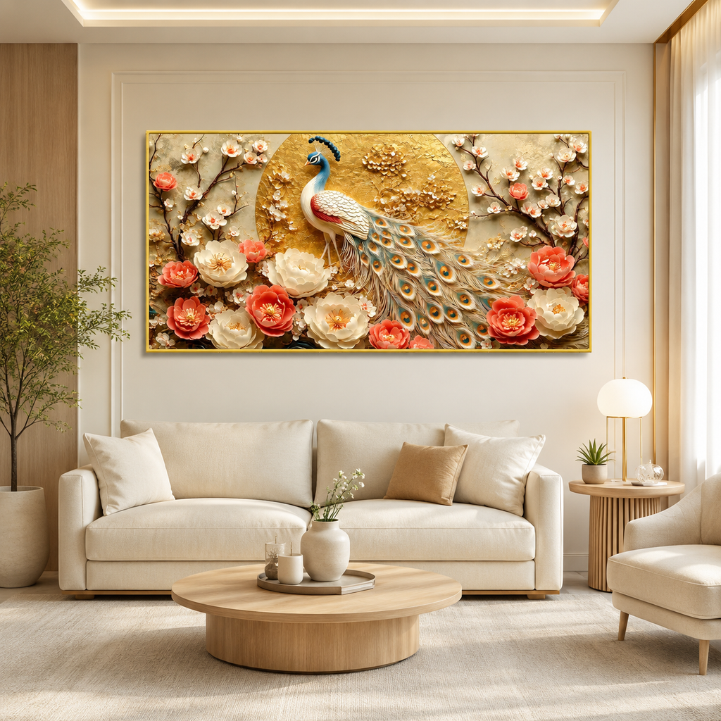 Royal Peacock 3D Wall Painting with Vibrant Plumage Coral Flowers and Golden Embellishments for Luxury Home Interior