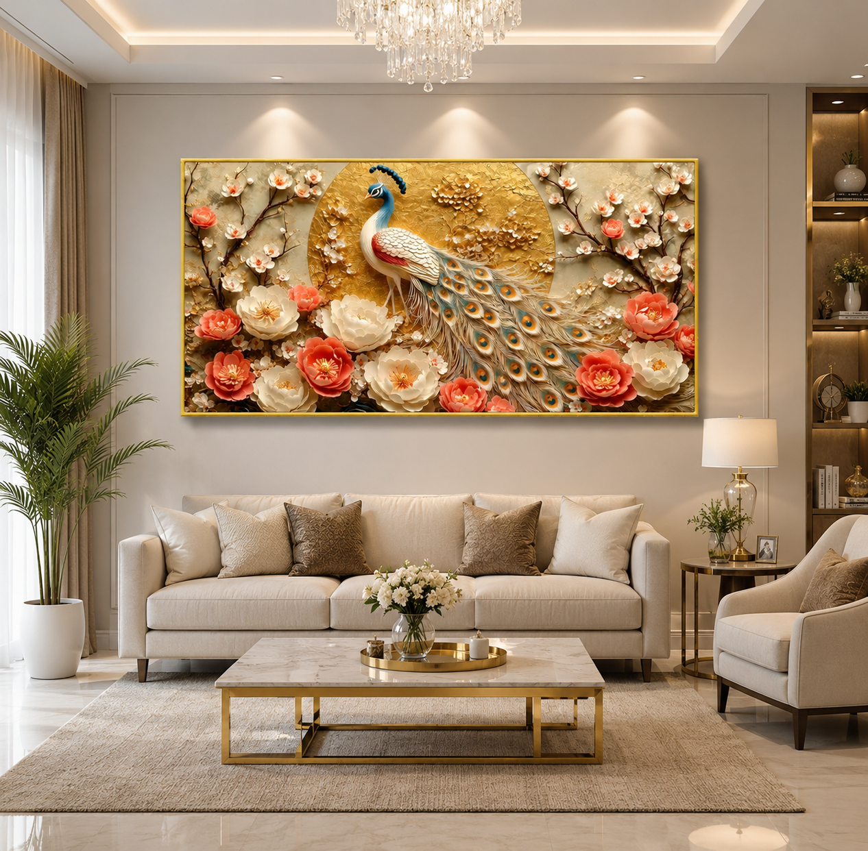 Royal Peacock 3D Wall Painting with Vibrant Plumage Coral Flowers and Golden Embellishments for Luxury Home Interior