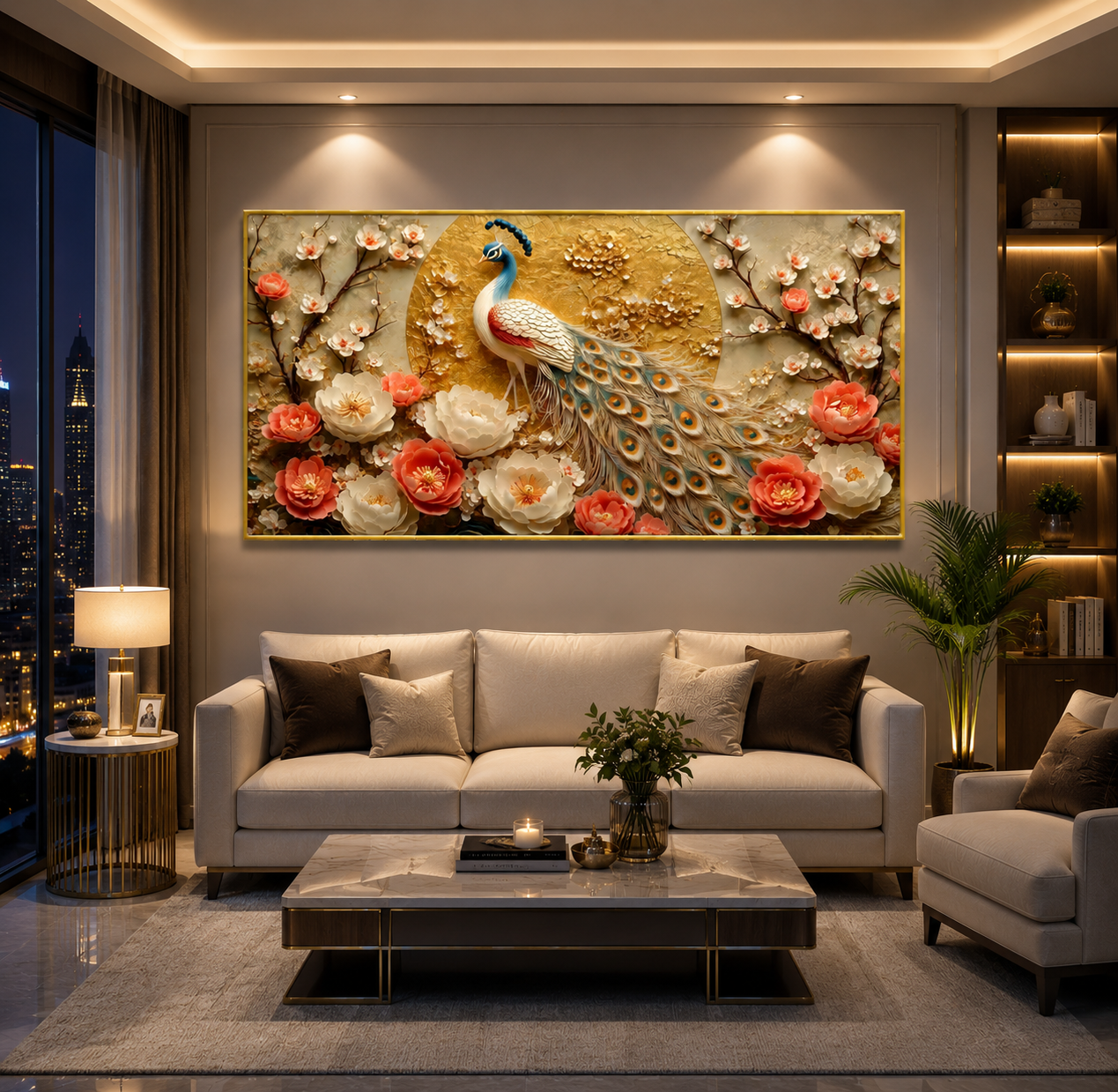 Royal Peacock 3D Wall Painting with Vibrant Plumage Coral Flowers and Golden Embellishments for Luxury Home Interior