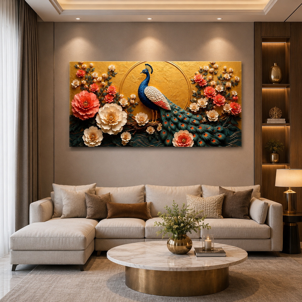 Luxury Peacock Floral Wall Art Featuring Detailed Blue Peacock Colorful Flowers and Ornate Golden Background