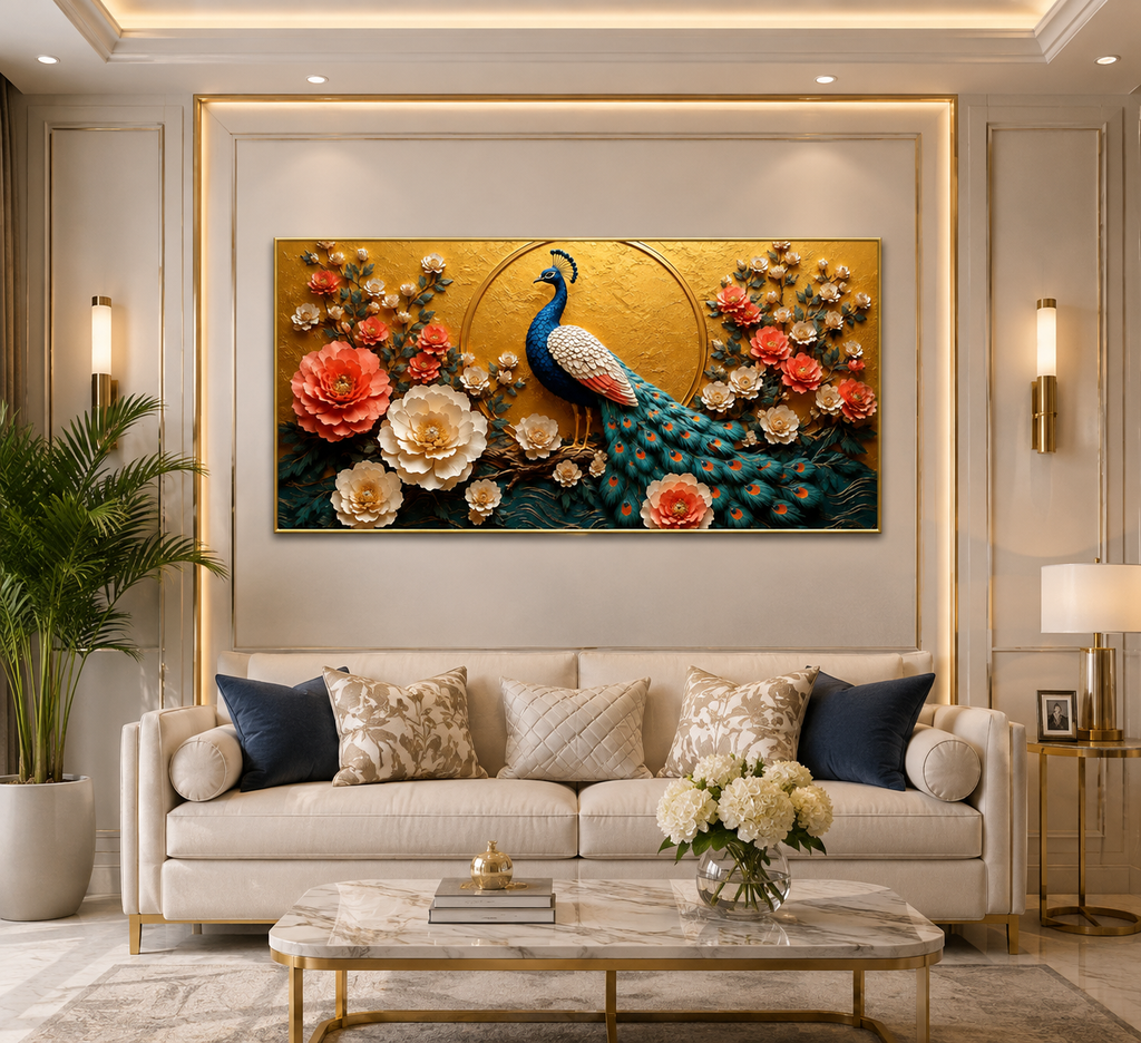 Luxury Peacock Floral Wall Art Featuring Detailed Blue Peacock Colorful Flowers and Ornate Golden Background