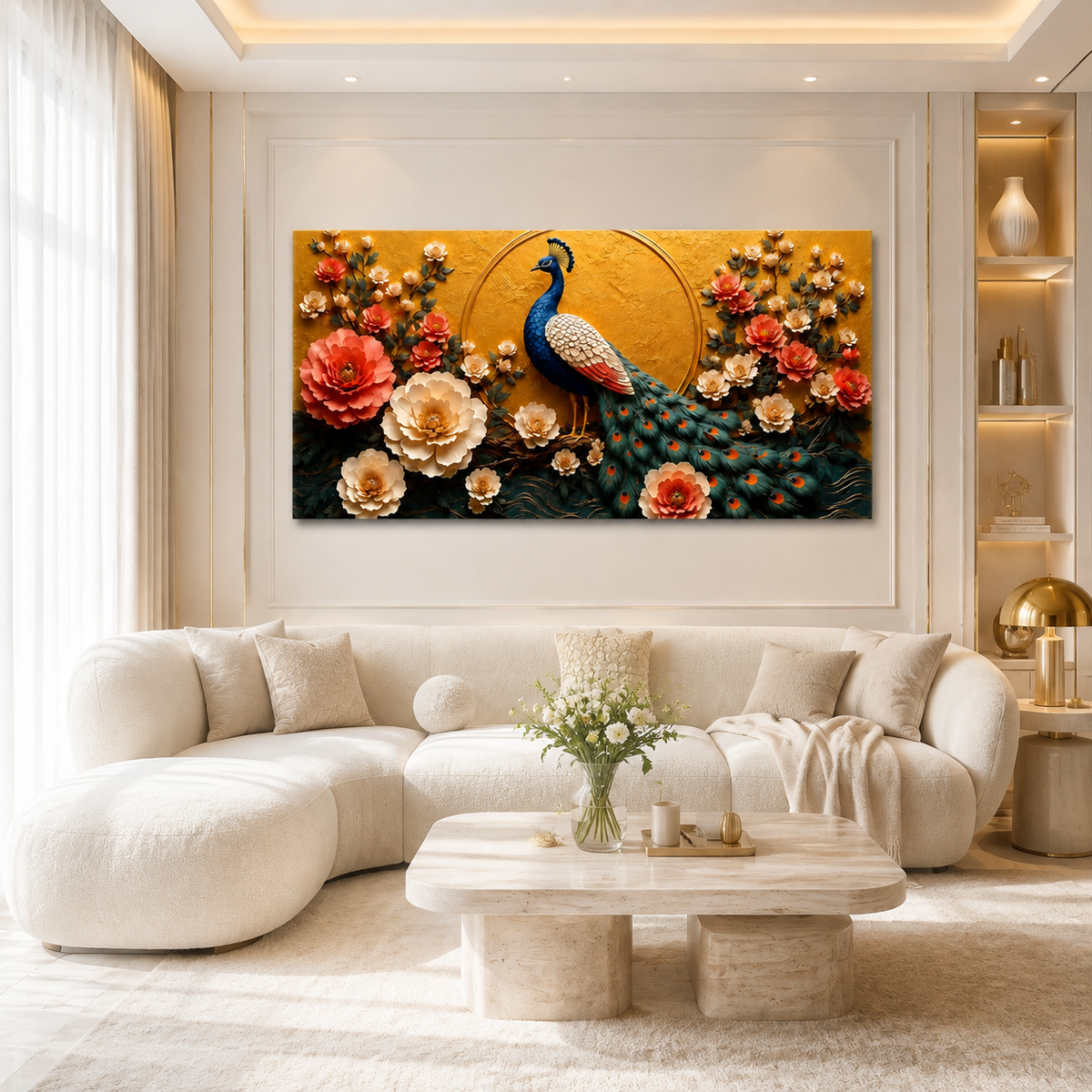 Luxury Peacock Floral Wall Art Featuring Detailed Blue Peacock Colorful Flowers and Ornate Golden Background