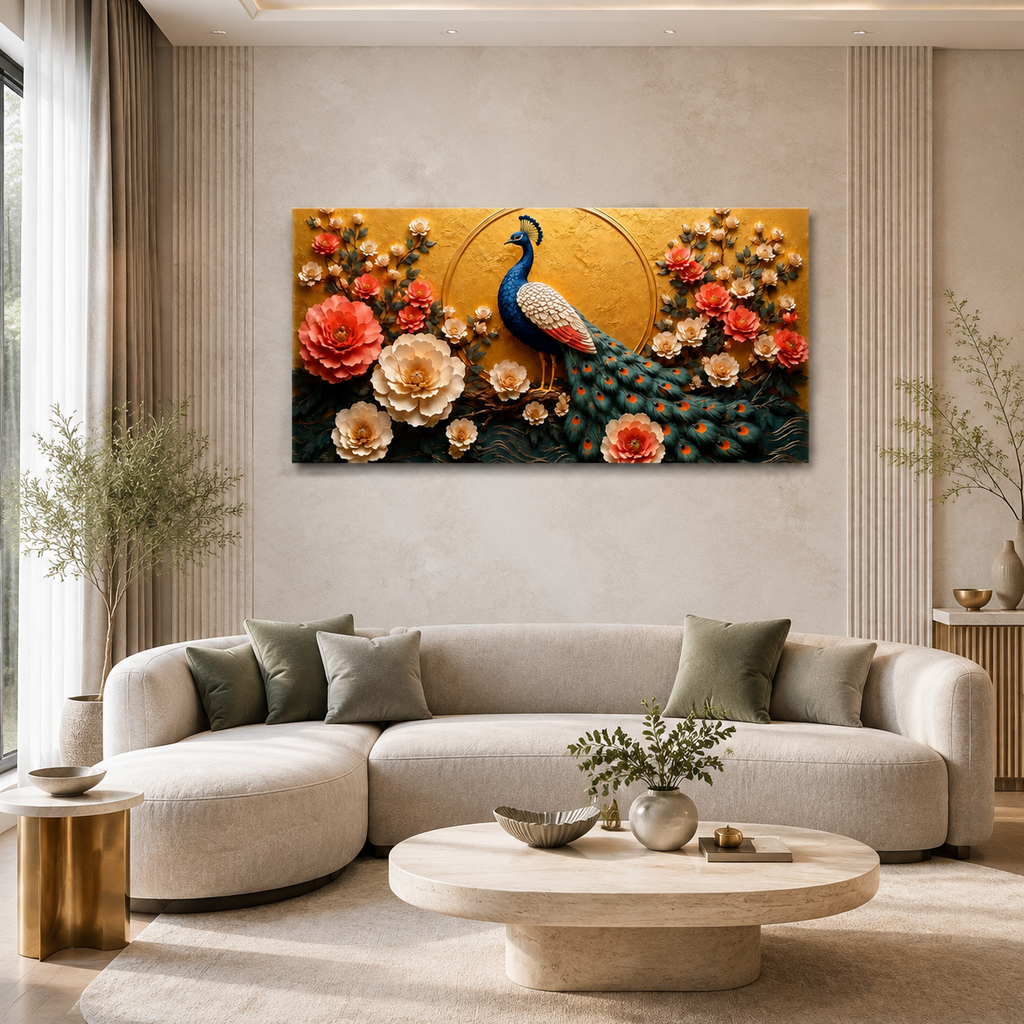 Luxury Peacock Floral Wall Art Featuring Detailed Blue Peacock Colorful Flowers and Ornate Golden Background