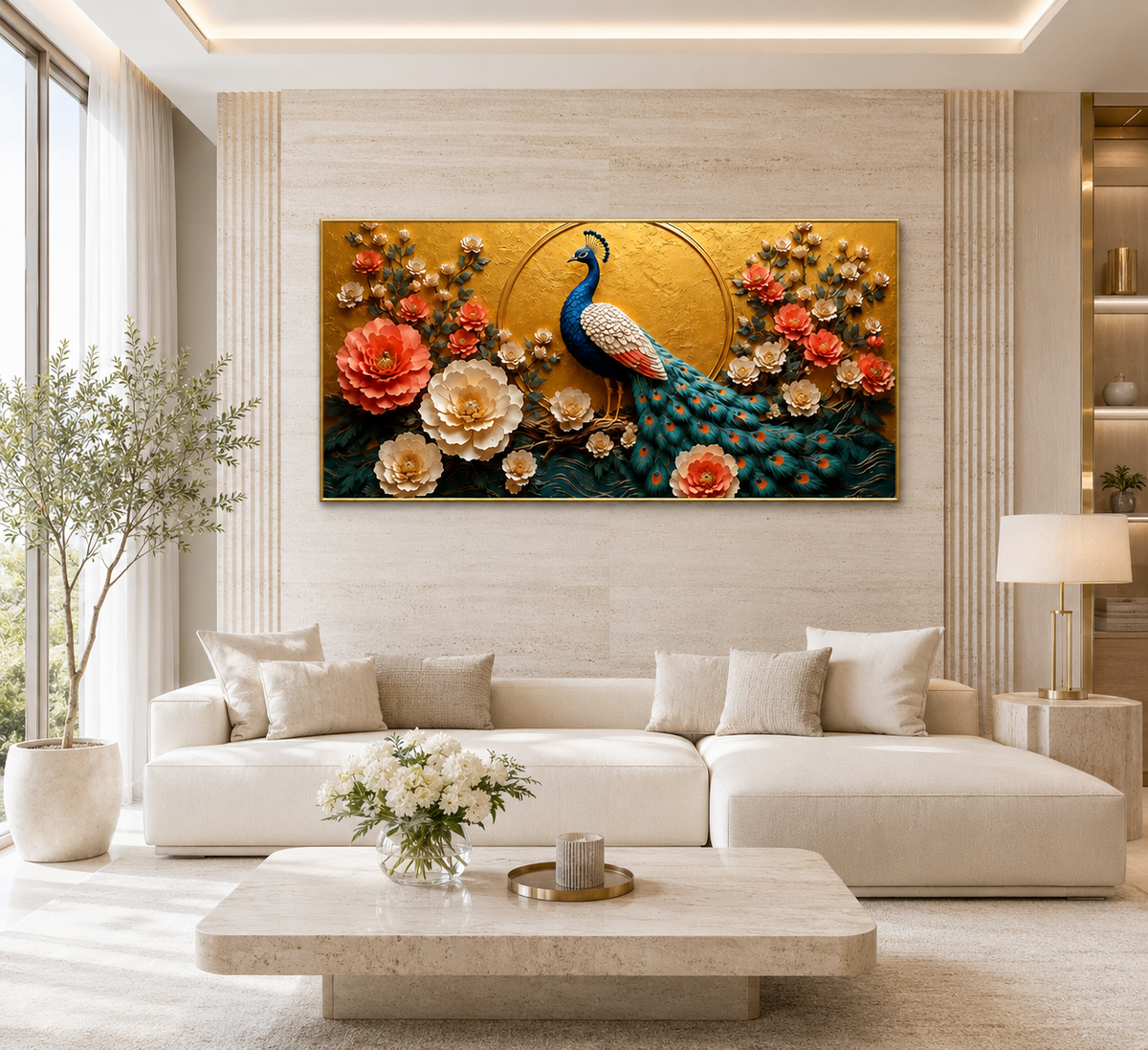 Luxury Peacock Floral Wall Art Featuring Detailed Blue Peacock Colorful Flowers and Ornate Golden Background