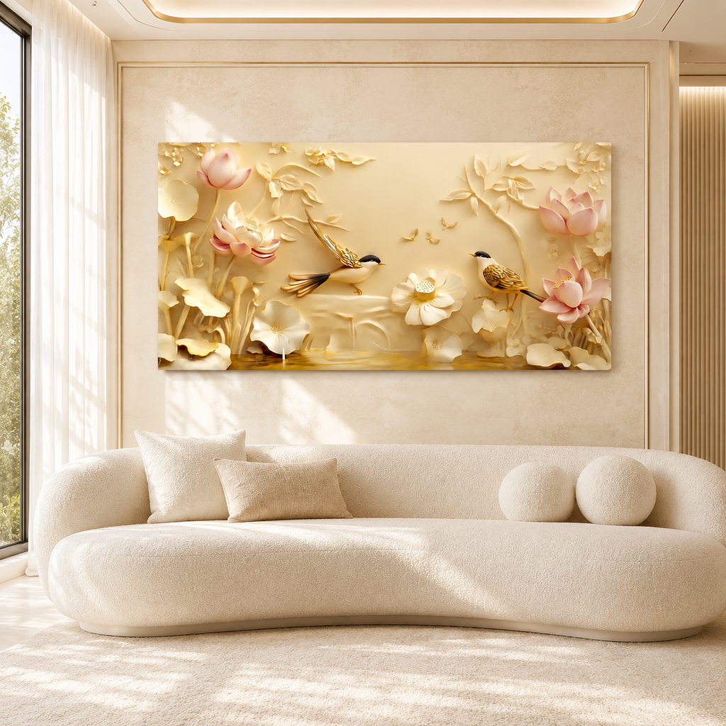 Serene Lotus Flowers and Birds 3D Wall Art Painting for Luxury Living Room
