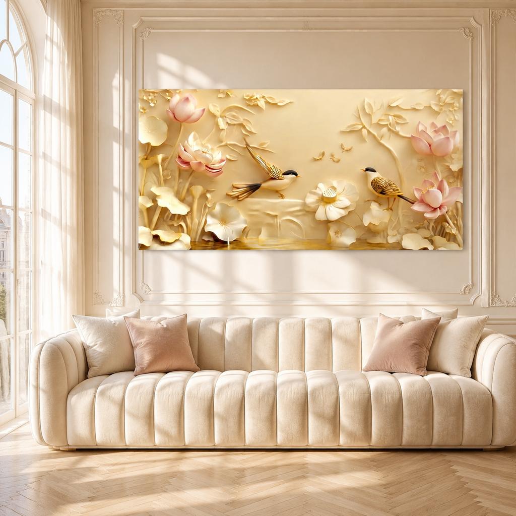 Serene Lotus Flowers and Birds 3D Wall Art Painting for Luxury Living Room