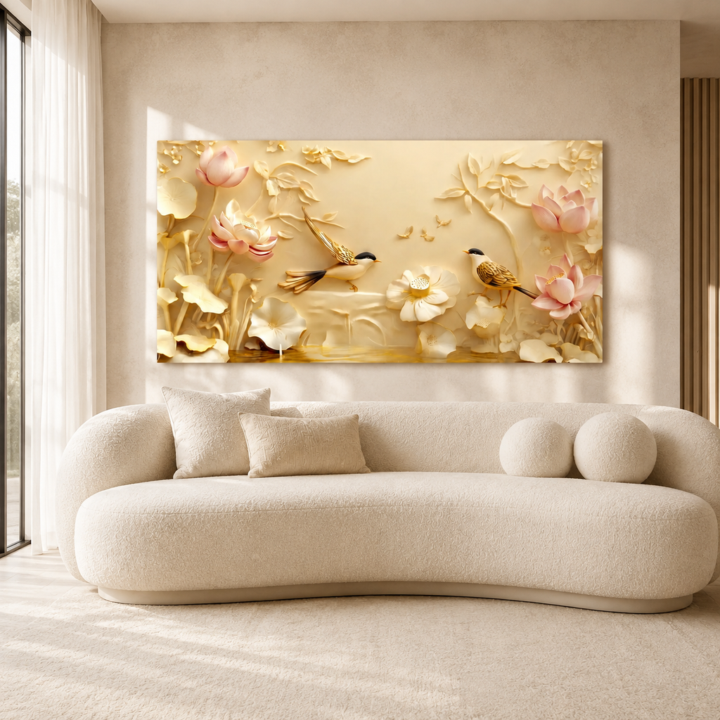 Serene Lotus Flowers and Birds 3D Wall Art Painting for Luxury Living Room