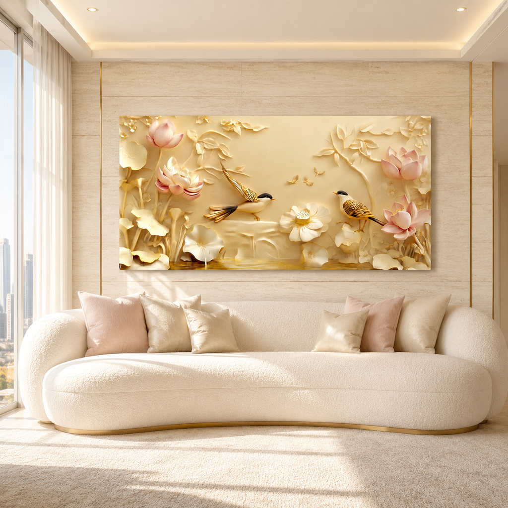 Serene Lotus Flowers and Birds 3D Wall Art Painting for Luxury Living Room