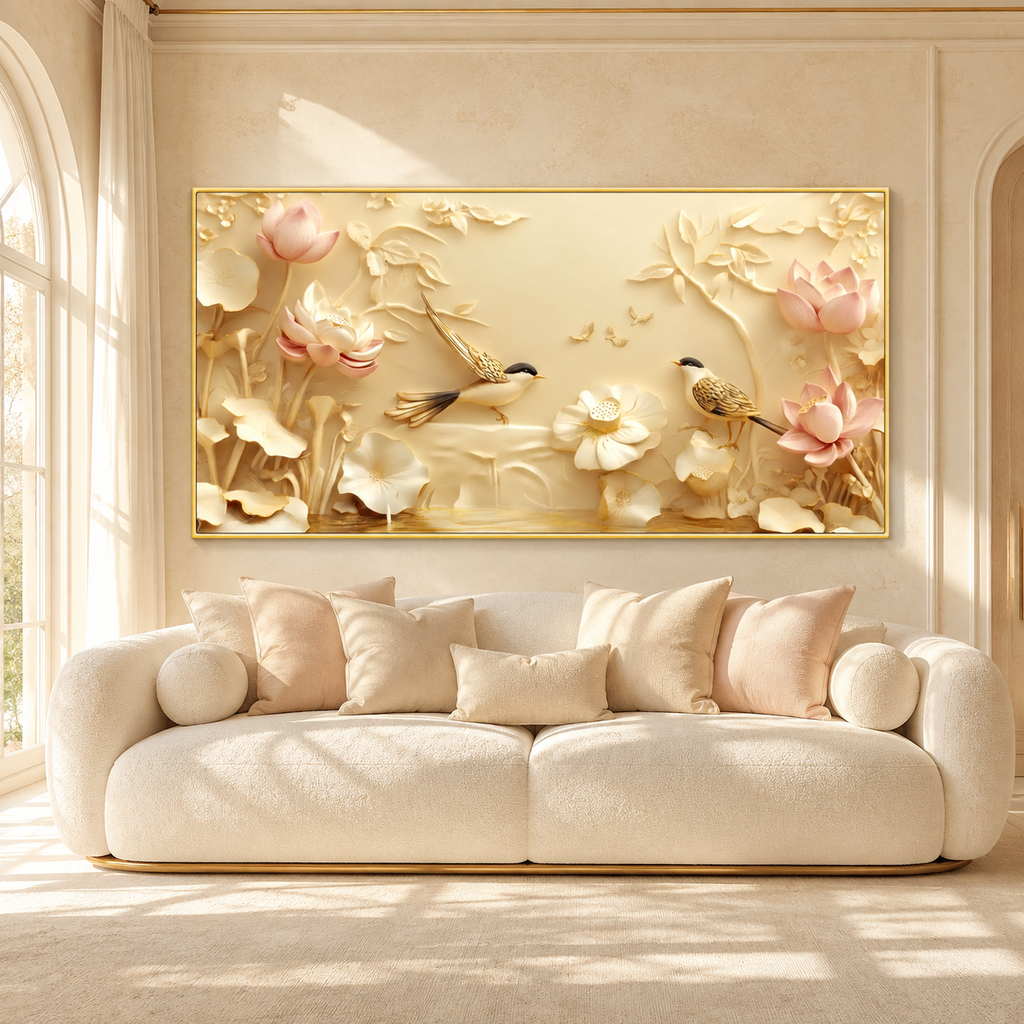 Serene Lotus Flowers and Birds 3D Wall Art Painting for Luxury Living Room