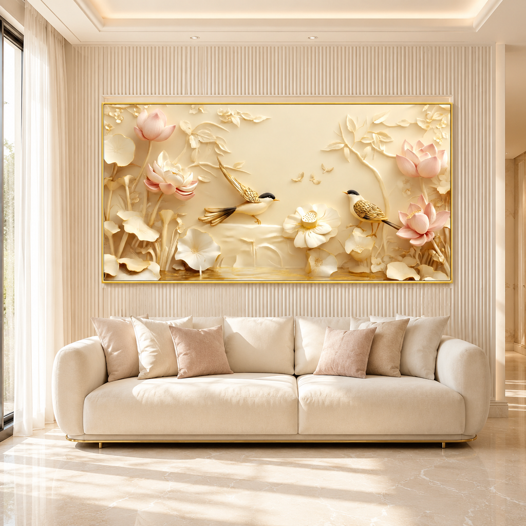 Serene Lotus Flowers and Birds 3D Wall Art Painting for Luxury Living Room