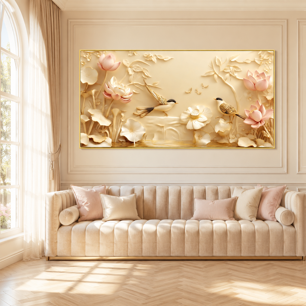 Serene Lotus Flowers and Birds 3D Wall Art Painting for Luxury Living Room