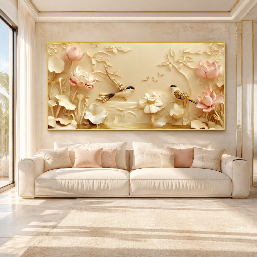 Serene Lotus Flowers and Birds 3D Wall Art Painting for Luxury Living Room