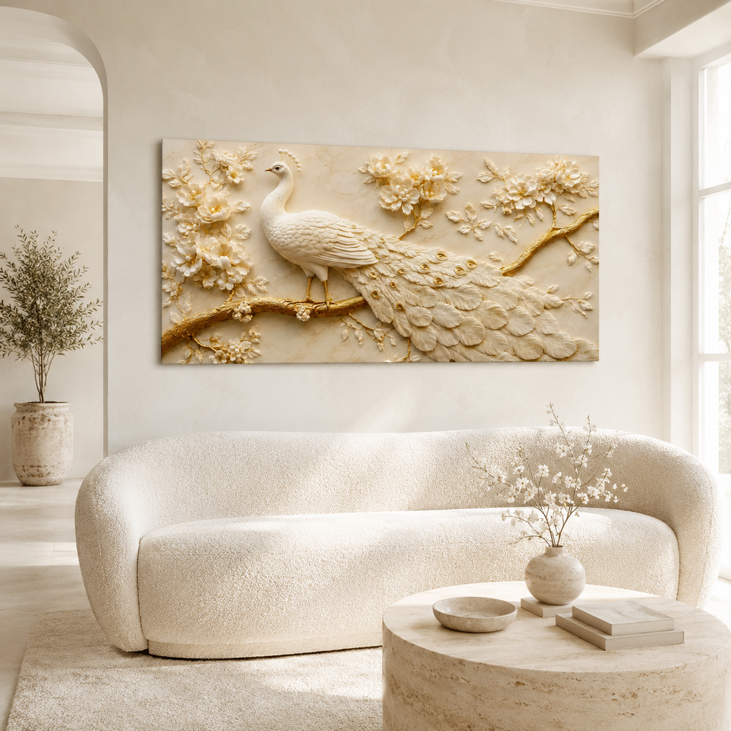 Royal White Peacock 3D Painting with Gold Accents for Living Room Wall Decor