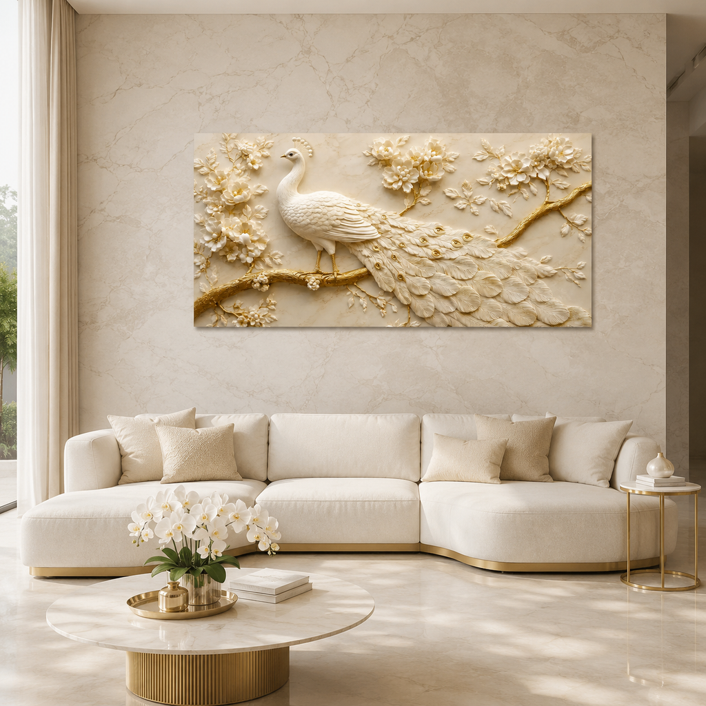 Royal White Peacock 3D Painting with Gold Accents for Living Room Wall Decor